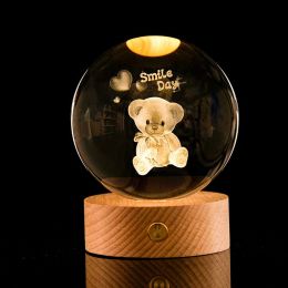 Luminous Galaxy Crystal Ball Decoration 3D Laser Inner Carving (Option: Cute Bear-6cm Crystal Ball Base)