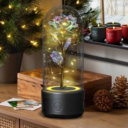 Creative 2 In 1 Rose Flowers LED Light And Bluetooth Speaker Valentine's Day Gift Rose Luminous Night Light Ornament In Glass Cover (Option: Black Base Color Flower)